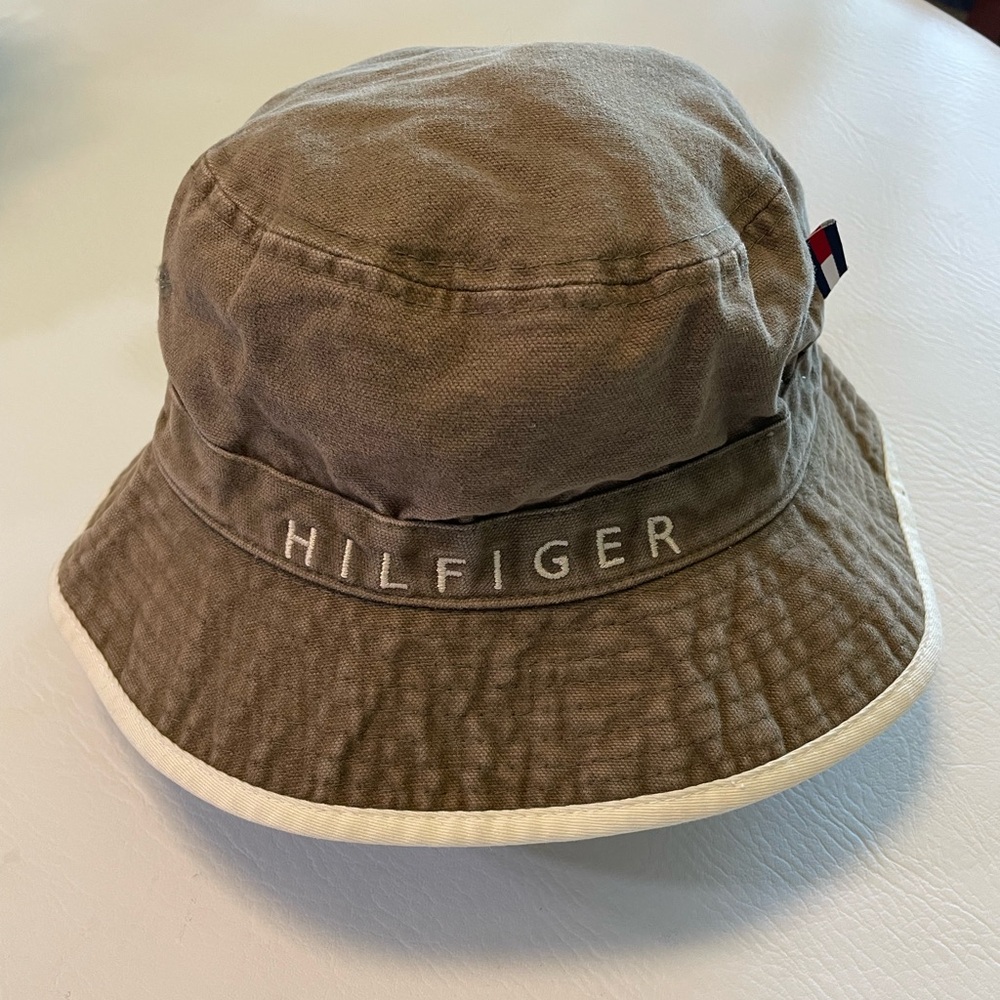 Tommy Hilfiger Vintage Olive Brown Bucket Hat with White Trim